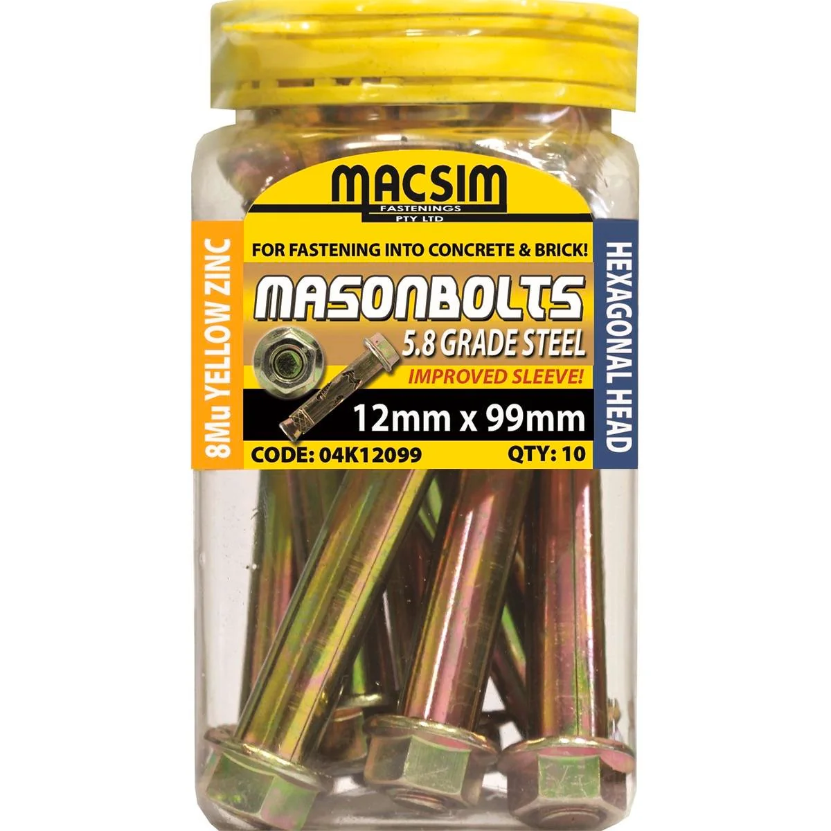 Macsim Fasteners 12 x 99mm Yellow Zinc Plated Sleeve Anchor 10 Pack
