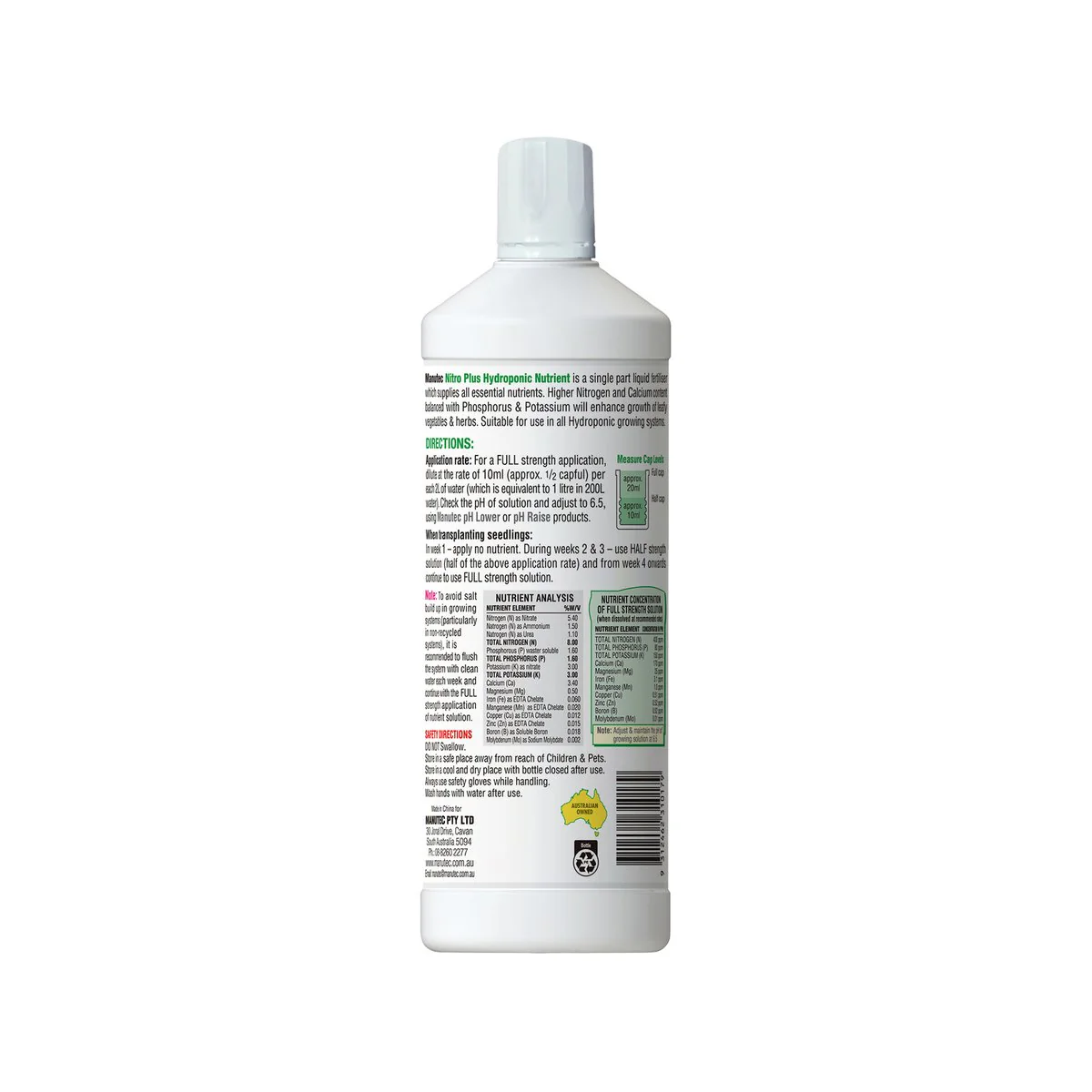 Manutec Hydroponic Nitro Plus - 1L - Liquid Fertiliser - High Nitrogen - Image 2