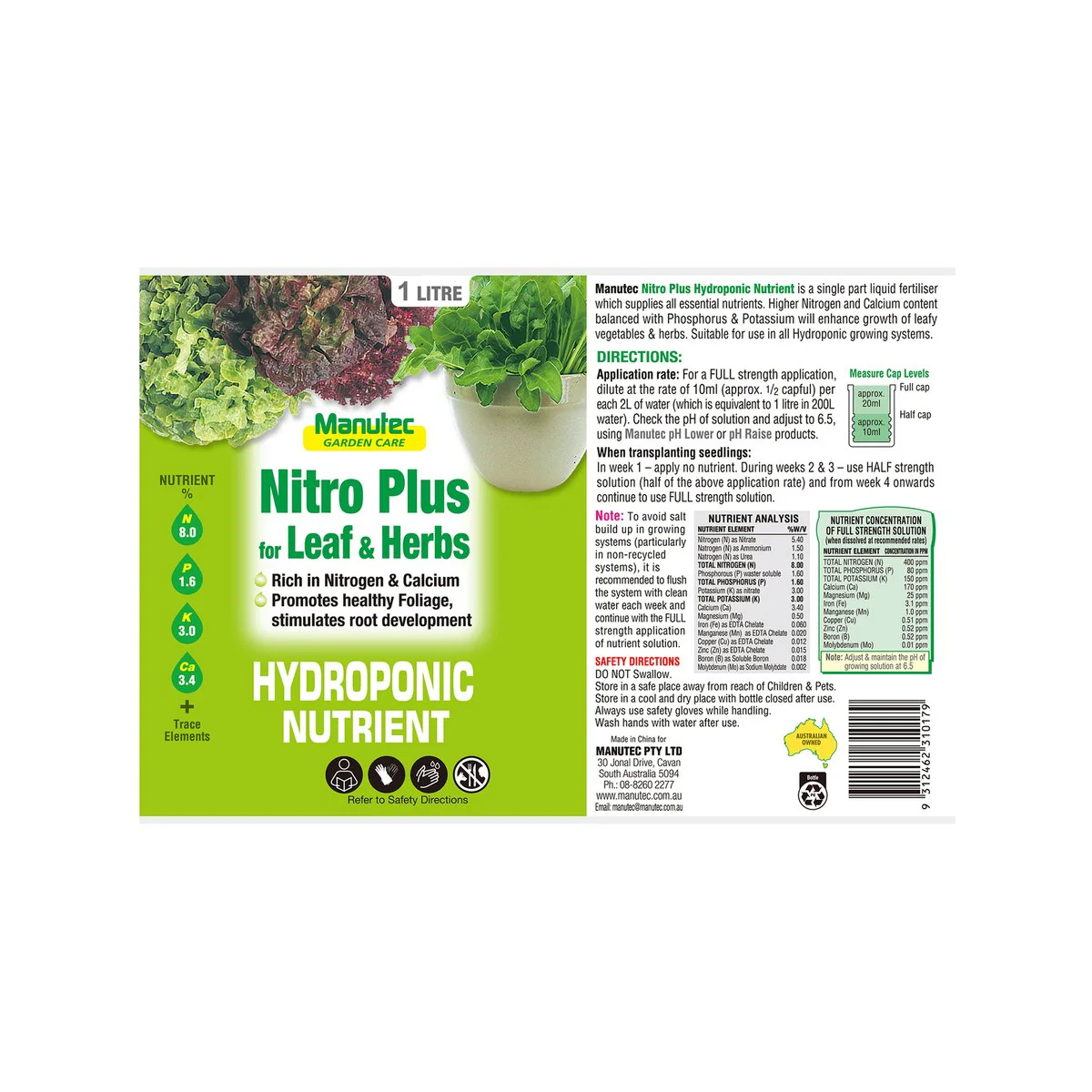 Manutec Hydroponic Nitro Plus - 1L - Liquid Fertiliser - High Nitrogen - Image 3