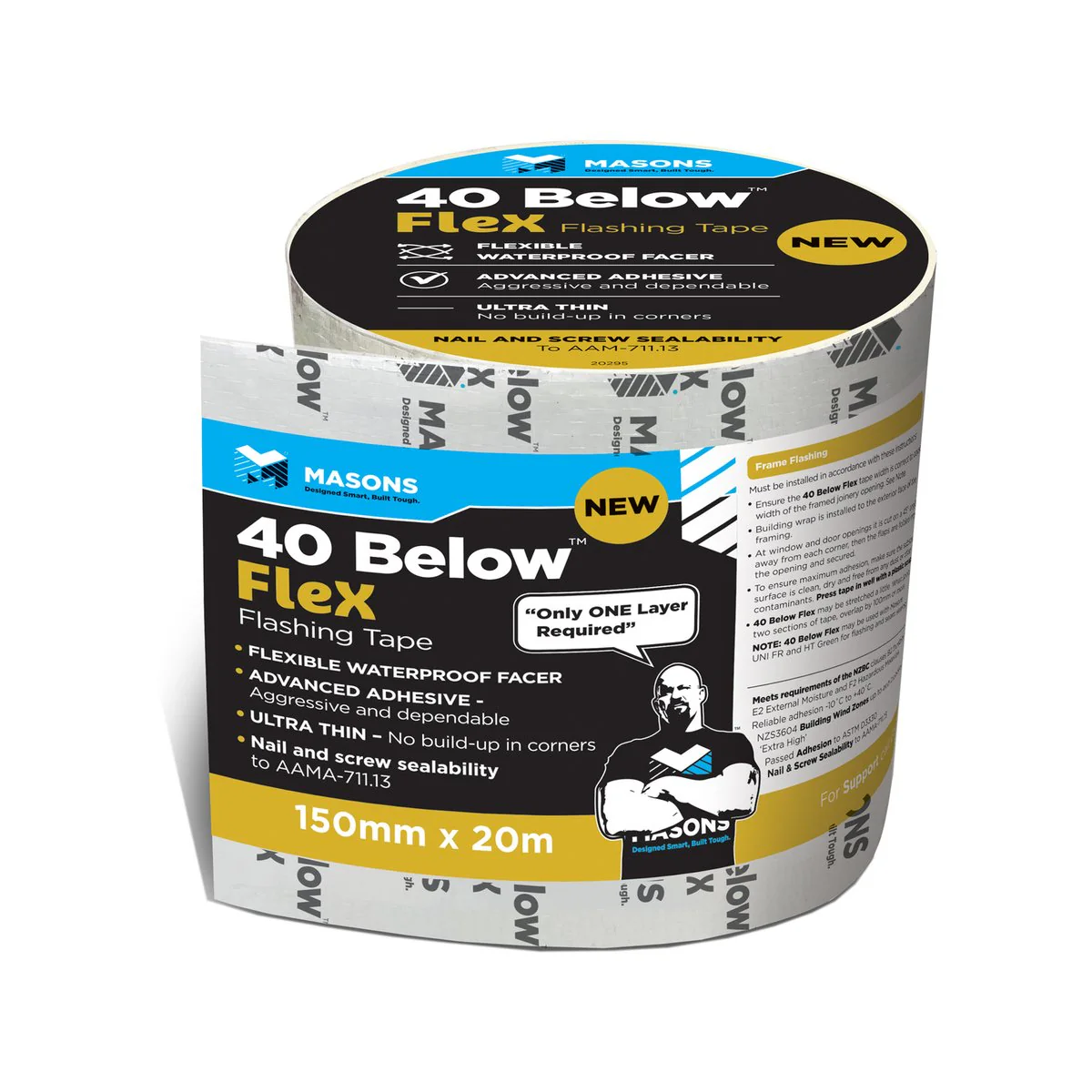 Masons 40 Below Flex Self-Adhesive Flashing Tape 150mm x 20m - White - High Water Resistance
