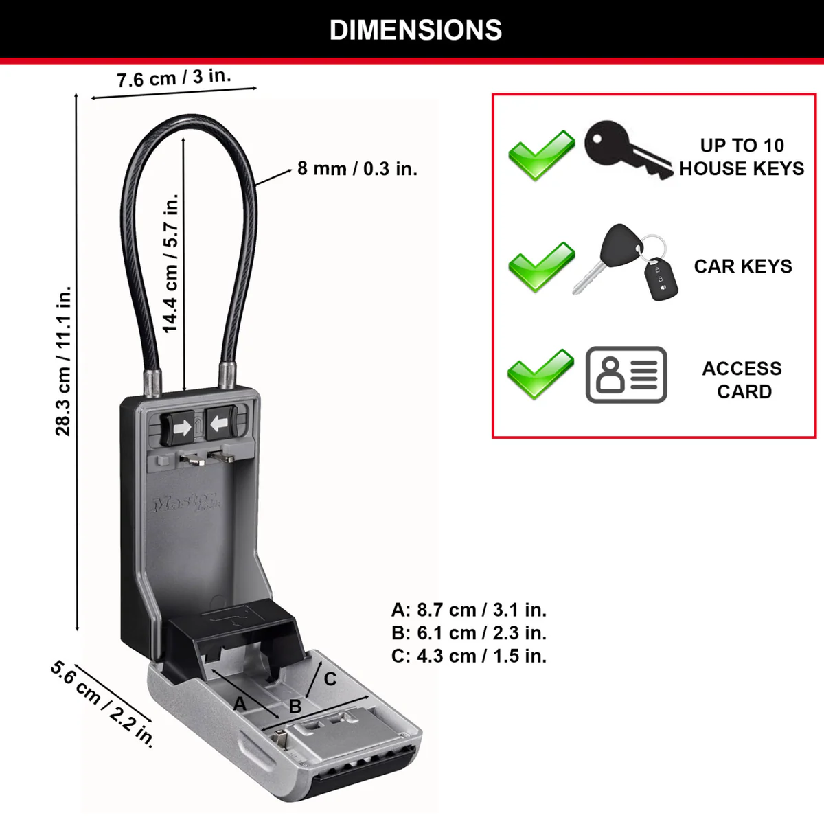 Master Lock Cable Next Gen Key Safe - Holds 10 Keys - 76mm x 283mm - Durable Metal - Image 4