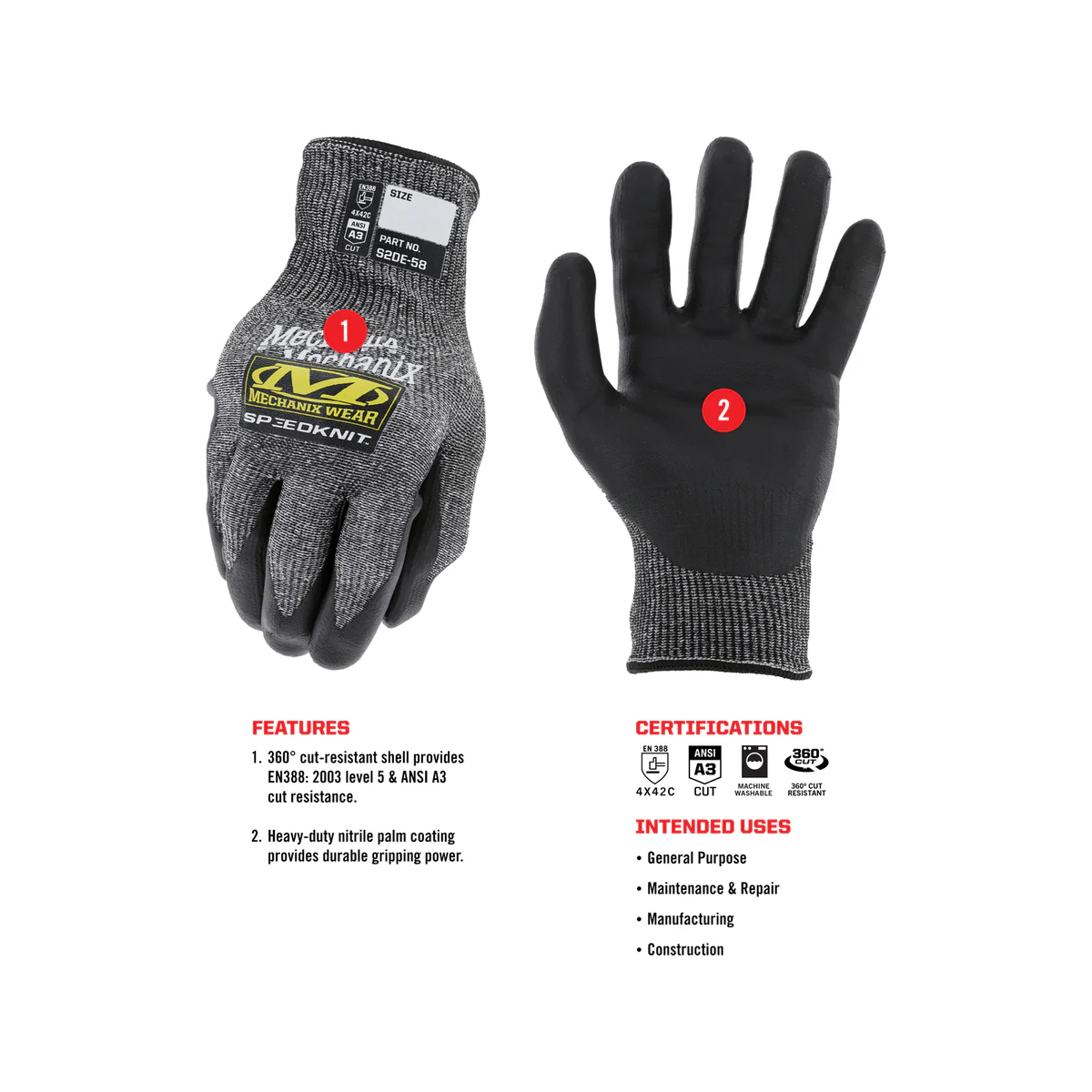 Mechanix Wear Small SpeedKnit CR5 Gloves - Cut Resistant - Nitrile Coated - Black & Grey - Image 3