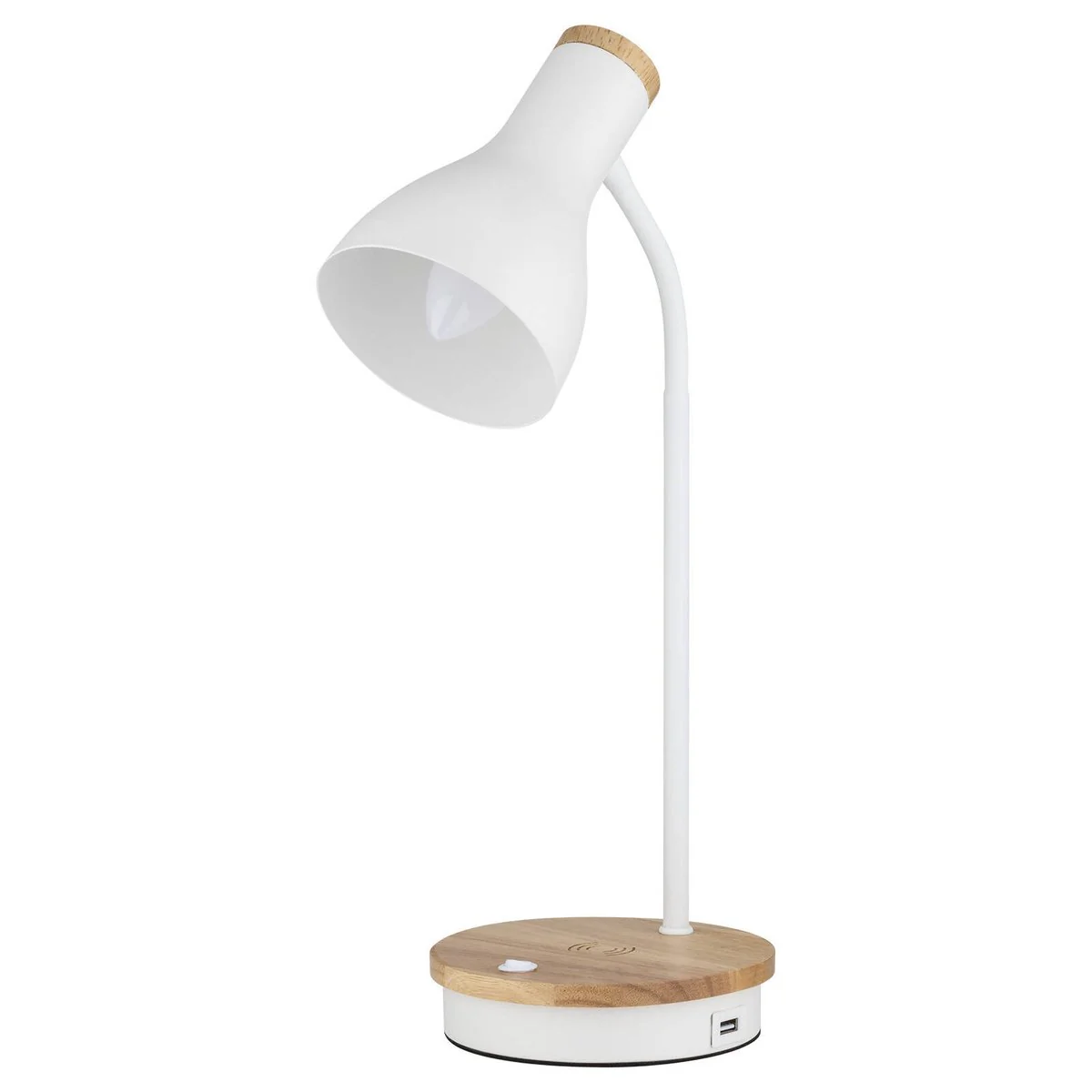Mercator Billingham Desk Lamp - 1 Pack - Wireless Charging & USB Port - Natural Wood & White - Adjustable Gooseneck - 150mm x 430mm