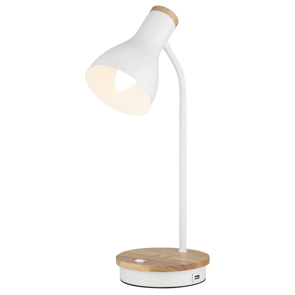 Mercator Billingham Desk Lamp - 1 Pack - Wireless Charging & USB Port - Natural Wood & White - Adjustable Gooseneck - 150mm x 430mm - Image 2