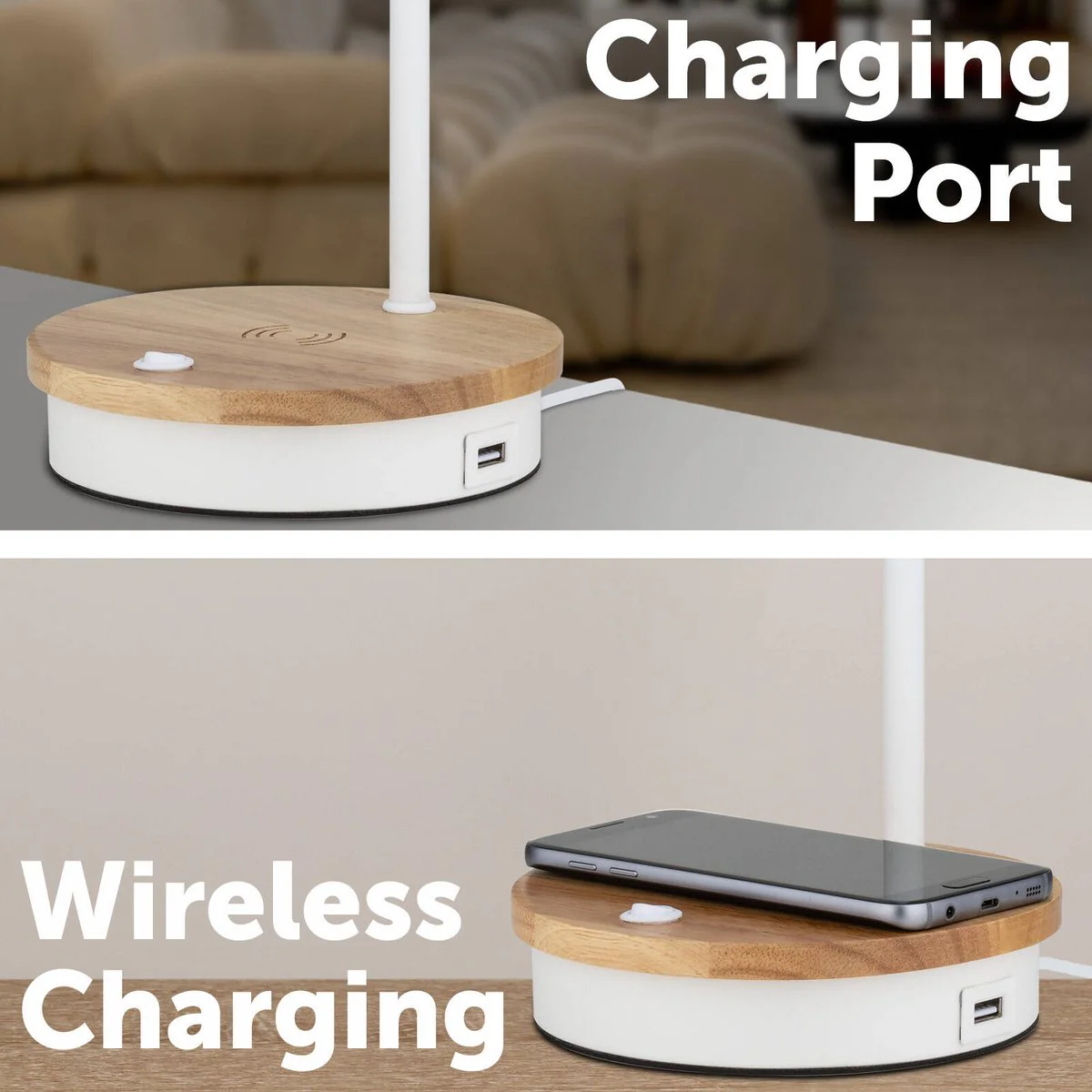 Mercator Billingham Desk Lamp - 1 Pack - Wireless Charging & USB Port - Natural Wood & White - Adjustable Gooseneck - 150mm x 430mm - Image 3
