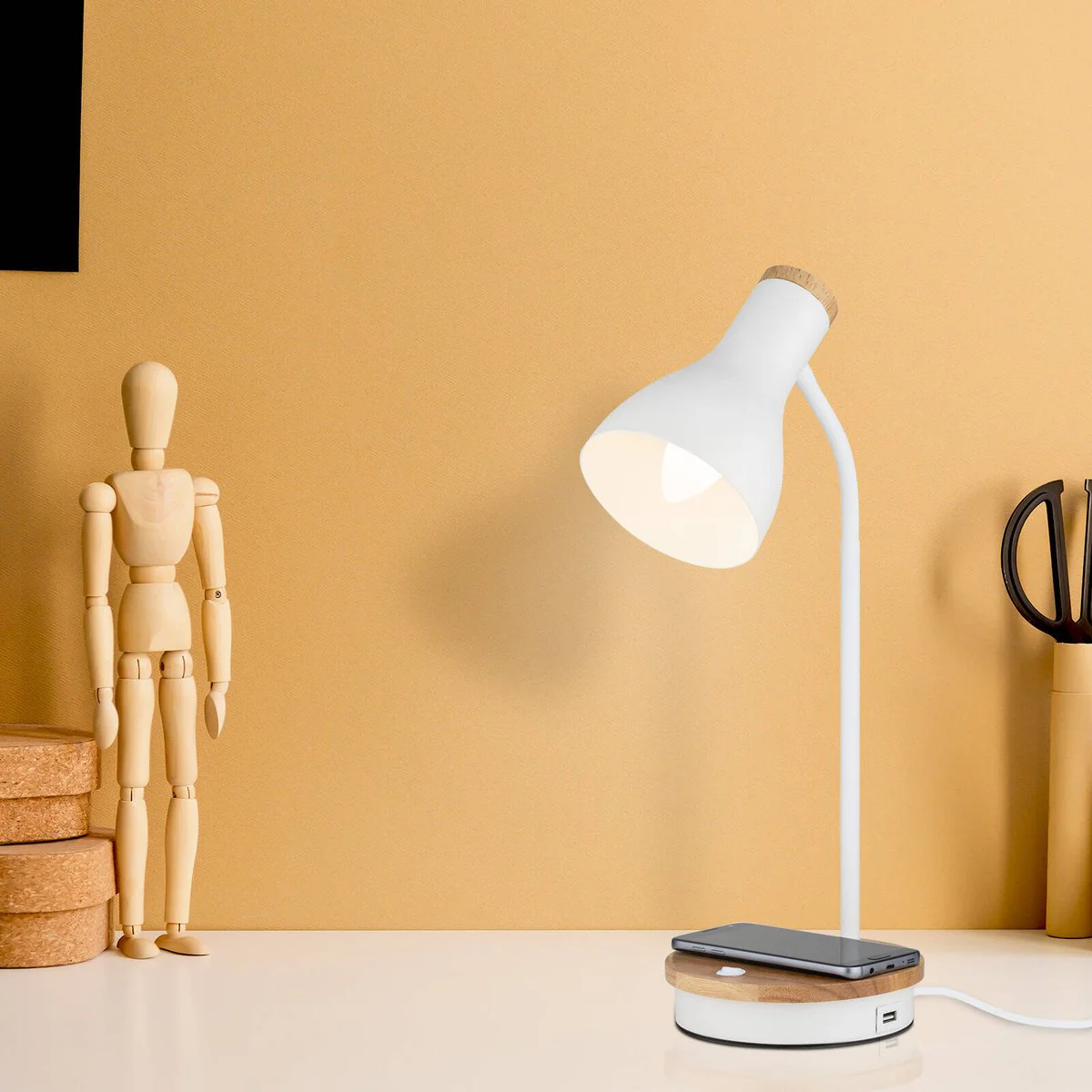 Mercator Billingham Desk Lamp - 1 Pack - Wireless Charging & USB Port - Natural Wood & White - Adjustable Gooseneck - 150mm x 430mm - Image 4