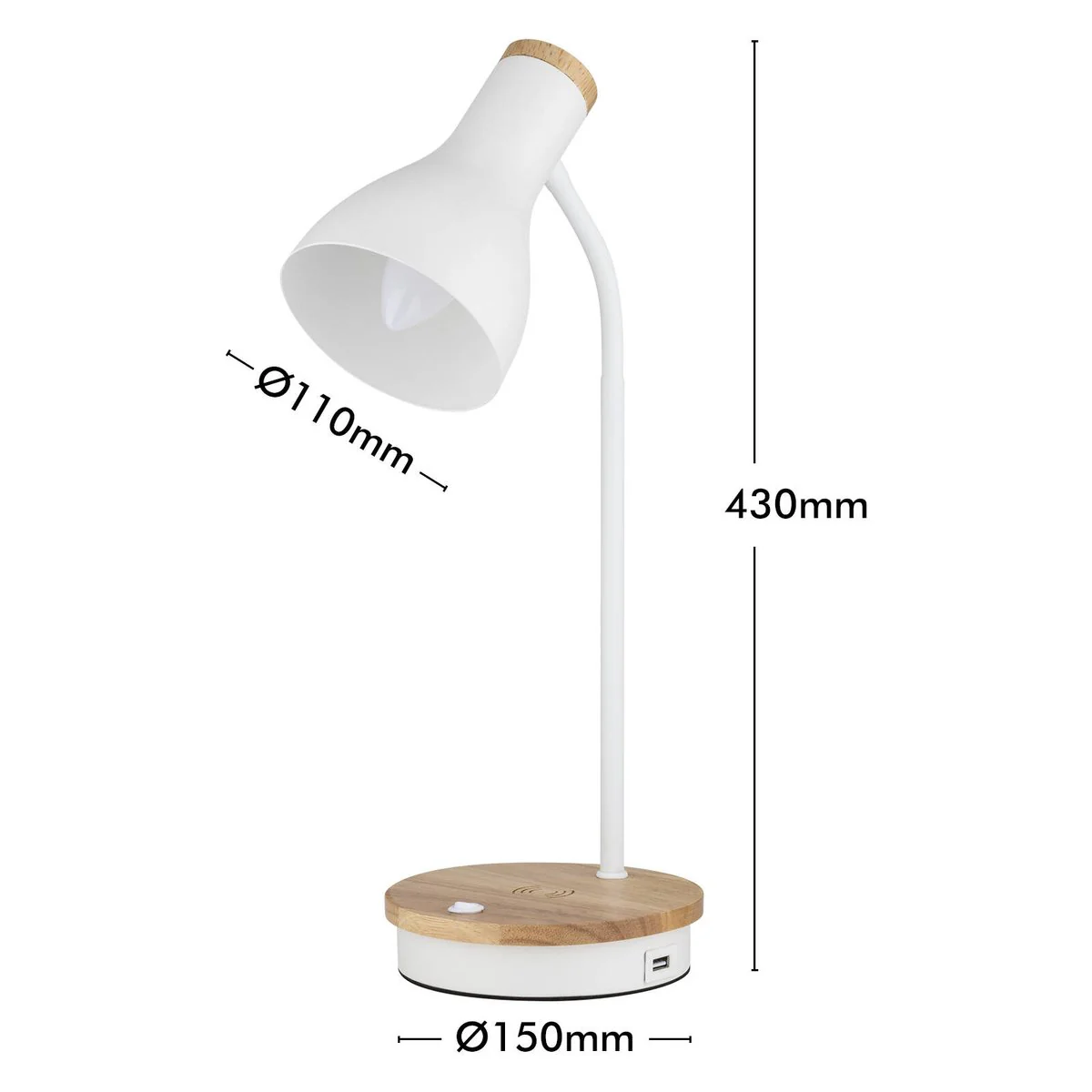 Mercator Billingham Desk Lamp - 1 Pack - Wireless Charging & USB Port - Natural Wood & White - Adjustable Gooseneck - 150mm x 430mm - Image 5