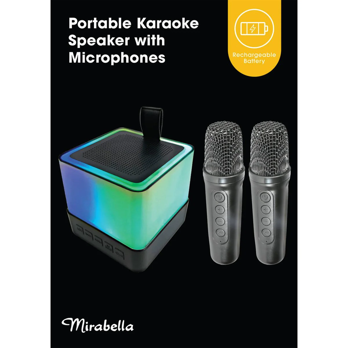 Mirabella Portable Karaoke Speaker with Microphones - 2 Wireless Mics - 110mm x 140mm x 96mm - Rechargeable Battery - Bluetooth - Image 4