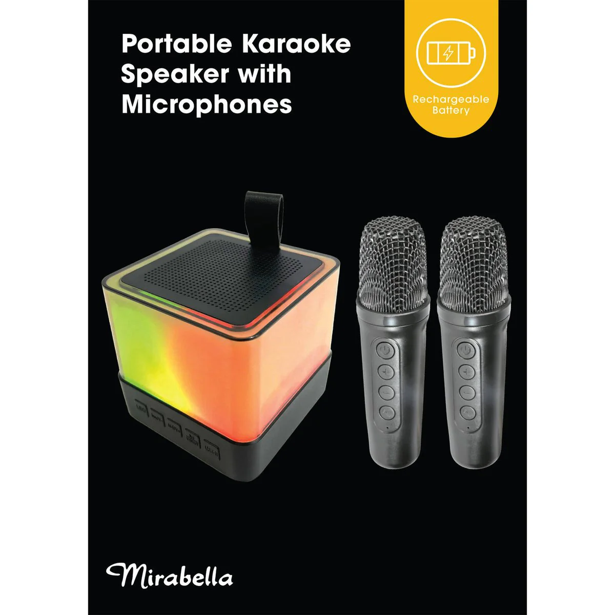 Mirabella Portable Karaoke Speaker with Microphones - 2 Wireless Mics - 110mm x 140mm x 96mm - Rechargeable Battery - Bluetooth - Image 5