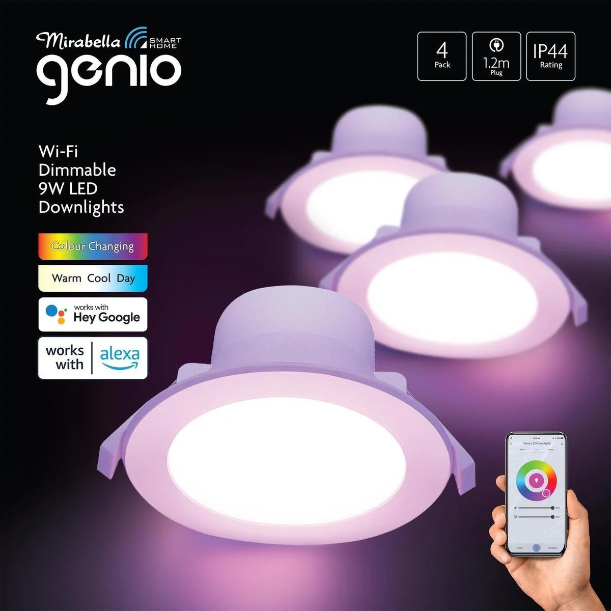 Mirabella Smart Wi-Fi Dimmable Downlight 9W 750LM 4 Pack - RGBW - IP44 - 1.2m Flex