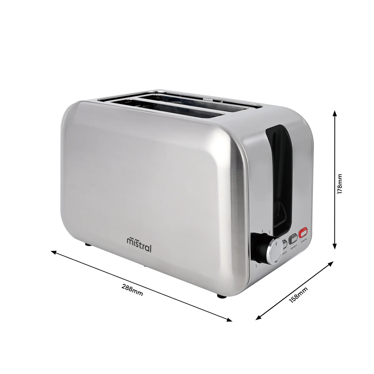 Mistral 2 Slice Toaster BT337 - Stainless Steel - 288mm x 178mm x 158mm - Adjustable Browning Control - Easy Clean - Image 3