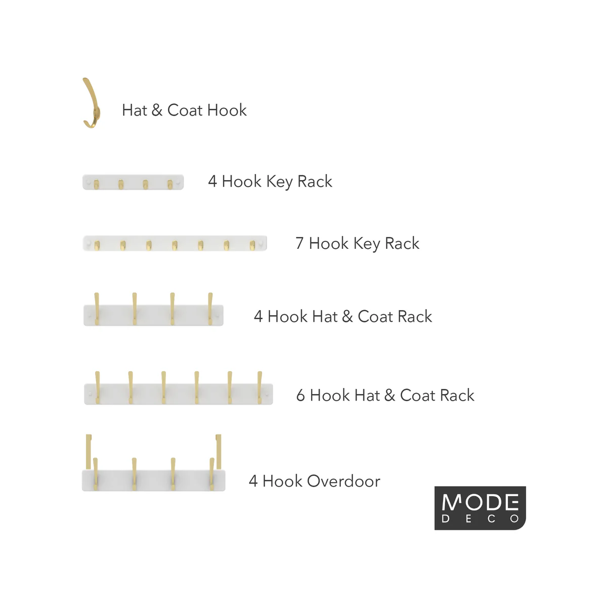 Mode 4 Key Rack - 7 Hooks - Brushed Brass on White Board - 245mm x 40mm x 32mm - Image 5