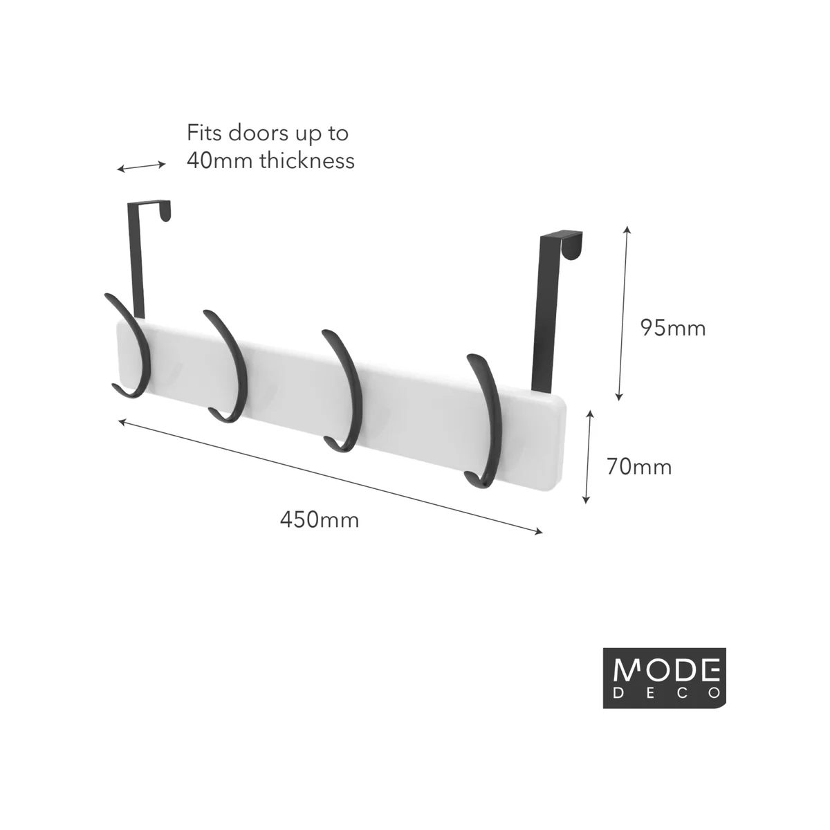 Mode 4 Over Door Hanger - 4 Black Hooks - 450mm x 70mm x 45mm - White - Image 3