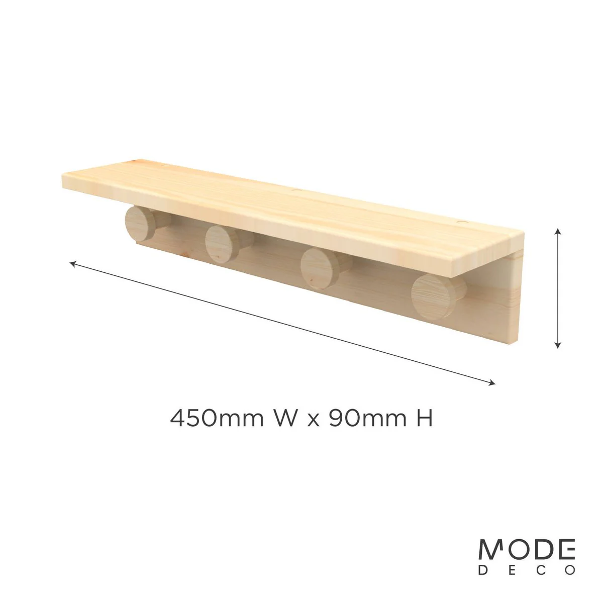 Mode 4 Timber Hooks on Pine Board with Shelf - 4 Hooks - 450mm - Natural Timber - Image 3