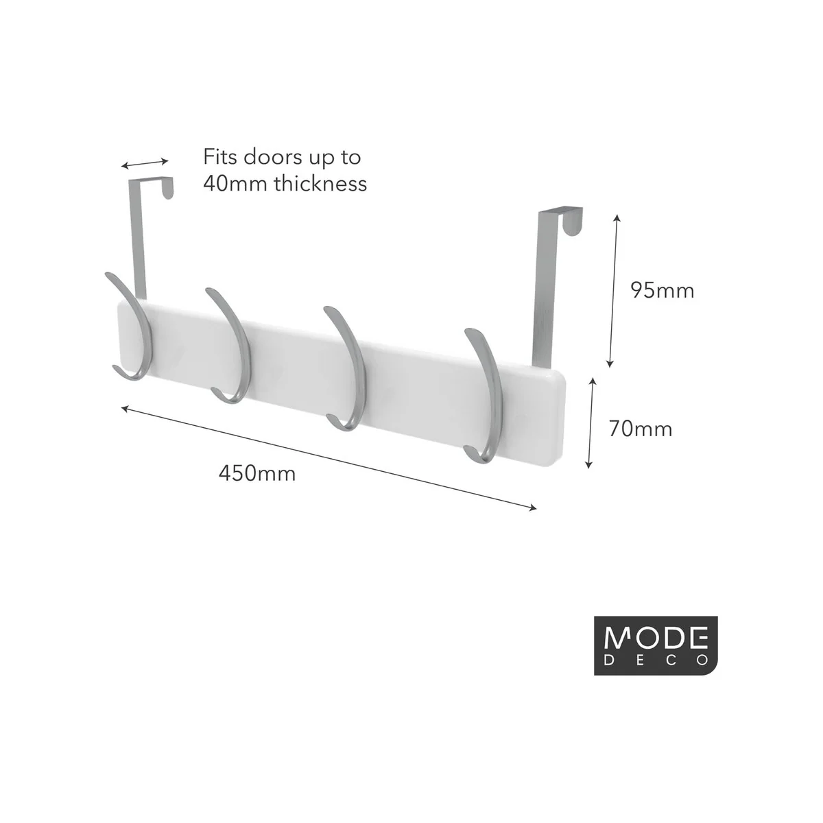 Mode 4 Over Door Hanger - 5 Hooks - 450mm x 70mm x 45mm - White - Image 3