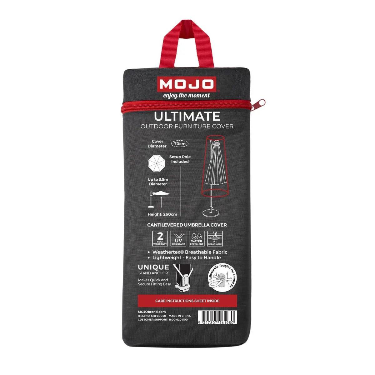 Mojo Ultimate Outdoor Furniture Cover Cantilever Umbrella - 390mm x 2600mm - Black - UV Resistant - Water Repellent
