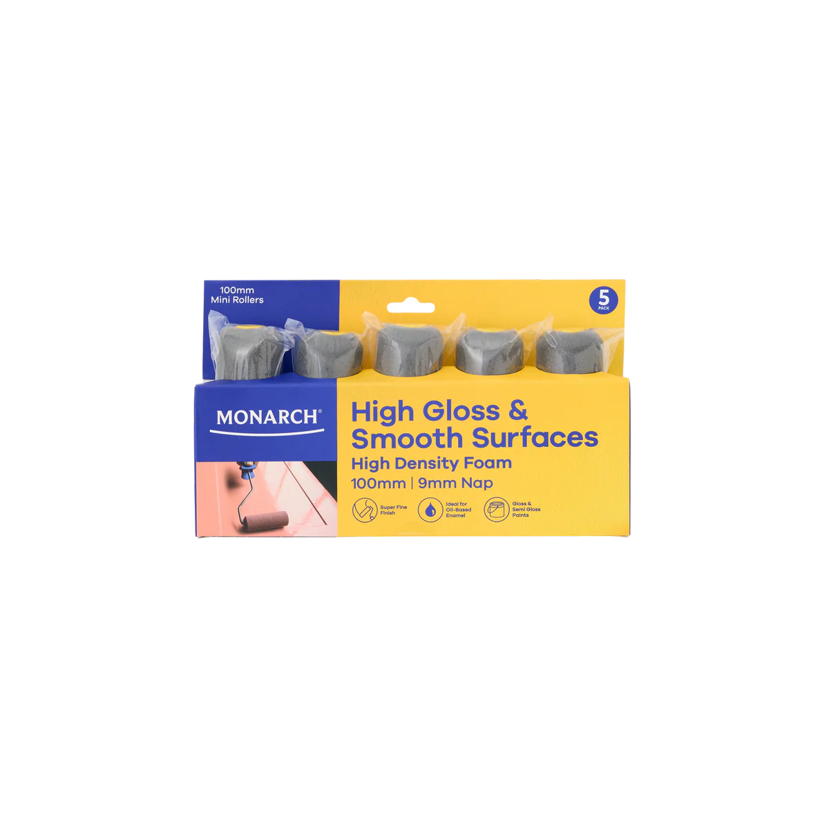 Monarch 100 Mini Rollers 5 Pack - 100mm - 9mm Nap - High Gloss Finish