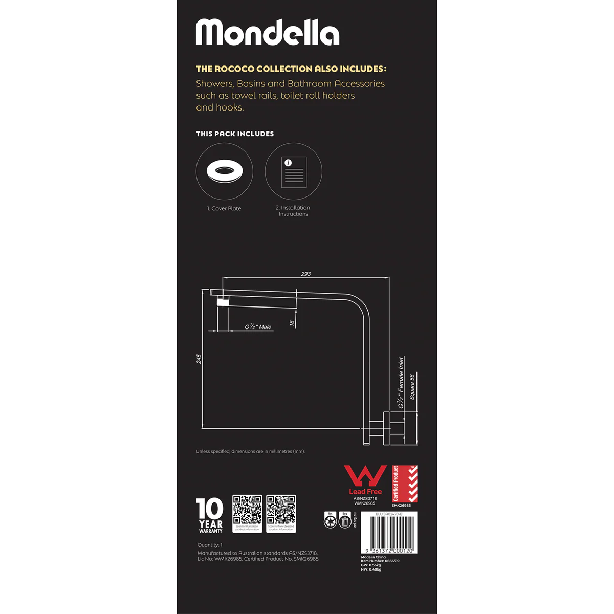 Mondella Black Matte Rococo Curved Shower Arm - 135mm x 180mm x 435mm - Lead-Free Stainless Steel - Image 5
