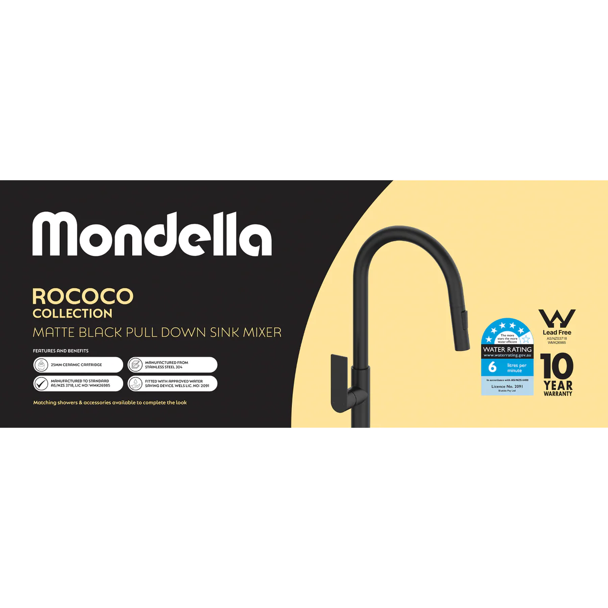 Mondella Black Matte Rococo Pull Down Sink Mixer - 65mm x 650mm x 260mm - Lead-Free Stainless Steel - Pull-Out Sprayer - WELS 5 Star Rating - Image 4