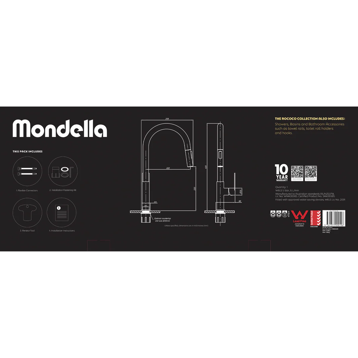 Mondella Black Matte Rococo Pull Down Sink Mixer - 65mm x 650mm x 260mm - Lead-Free Stainless Steel - Pull-Out Sprayer - WELS 5 Star Rating - Image 5