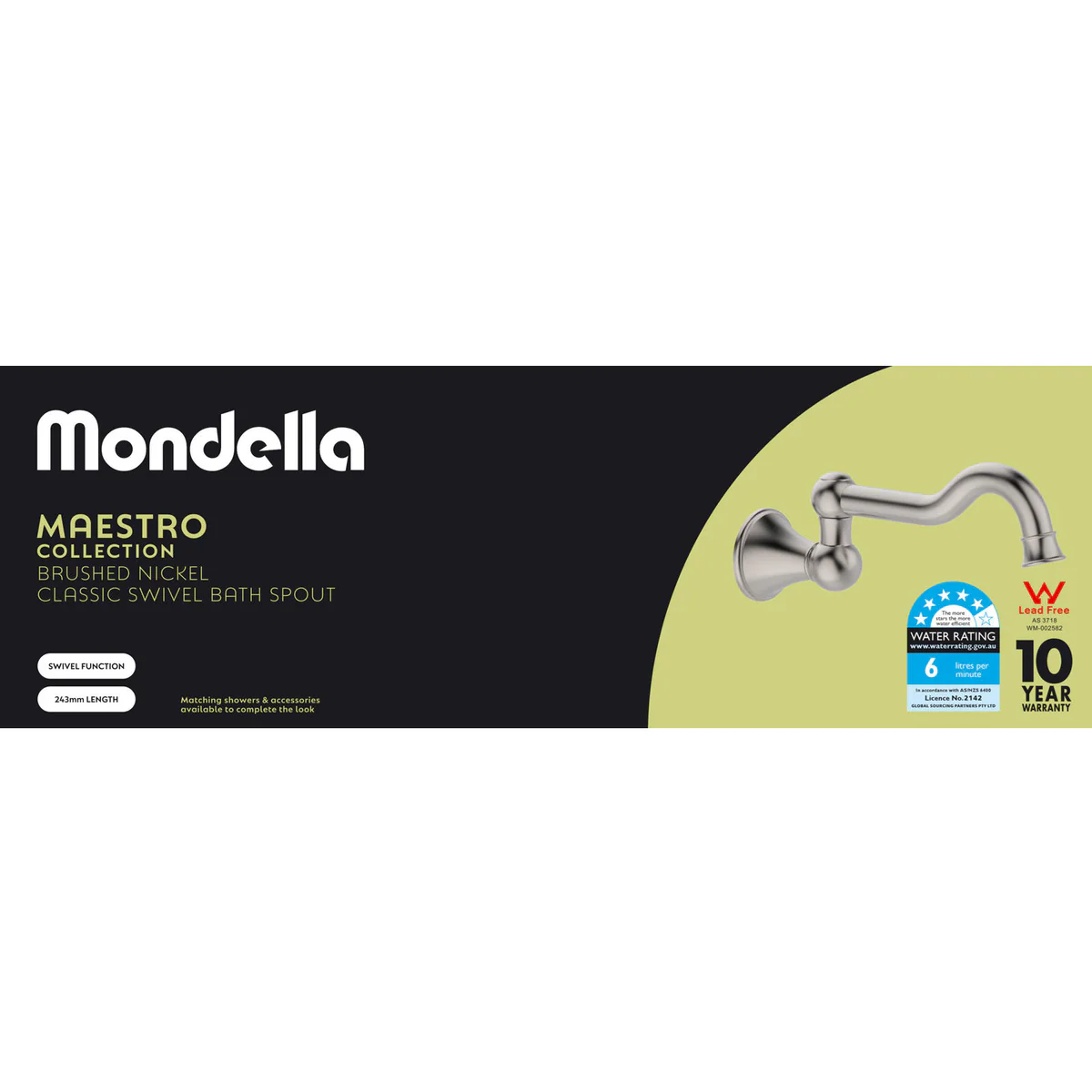 Mondella Brushed Nickel Maestro Classic Swivel Bath Spout - 243mm - Lead-Free Brass - Image 2
