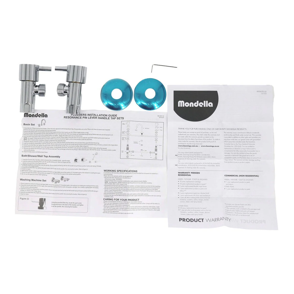 Mondella Chrome 1/4 Turn Pin Lever Washing Machine Set - 1245mm x 76mm x 245mm - Ergonomic Handles - Lead-Free - Image 2