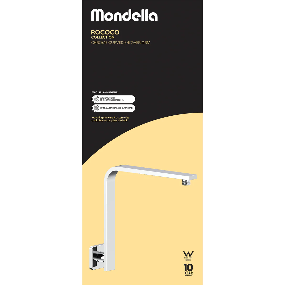 Mondella Chrome Rococo Curved Shower Arm - 158mm x 245mm x 300mm - Lead-Free - Image 4