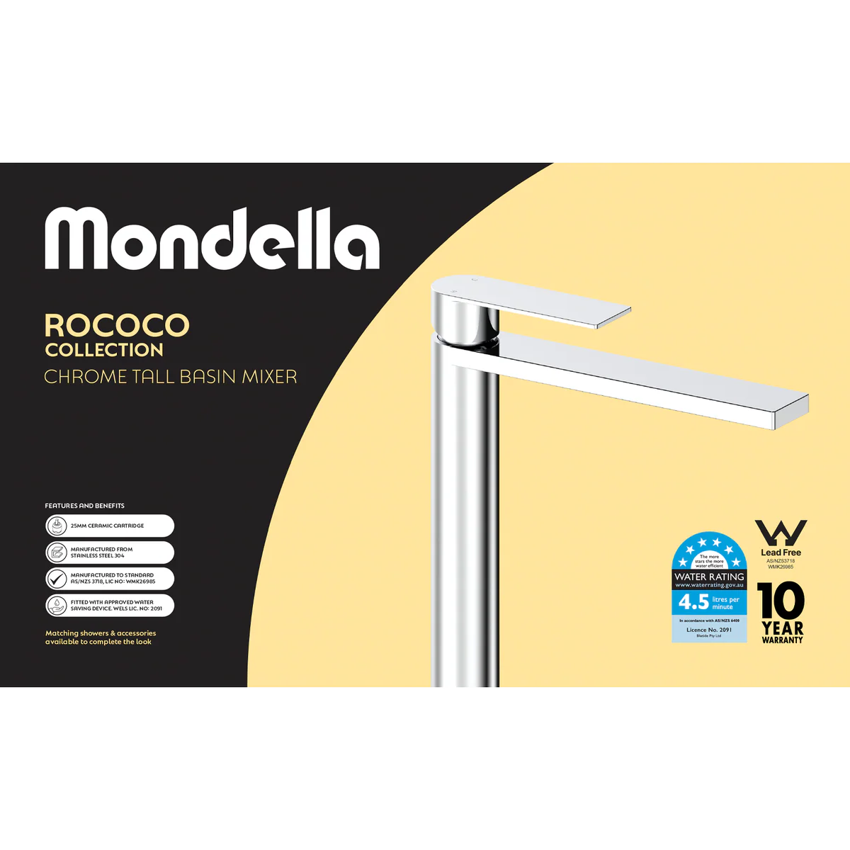 Mondella Chrome Rococo Tall Basin Mixer - 55mm x 400mm x 240mm - Lead-Free - Water-Saving - Image 4