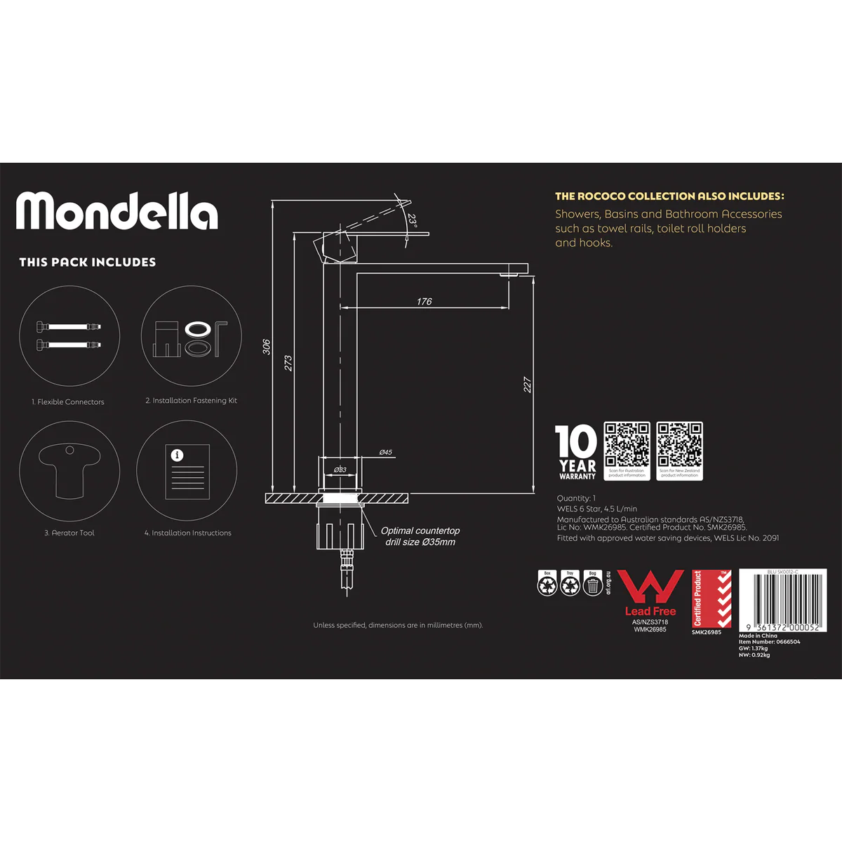 Mondella Chrome Rococo Tall Basin Mixer - 55mm x 400mm x 240mm - Lead-Free - Water-Saving - Image 5