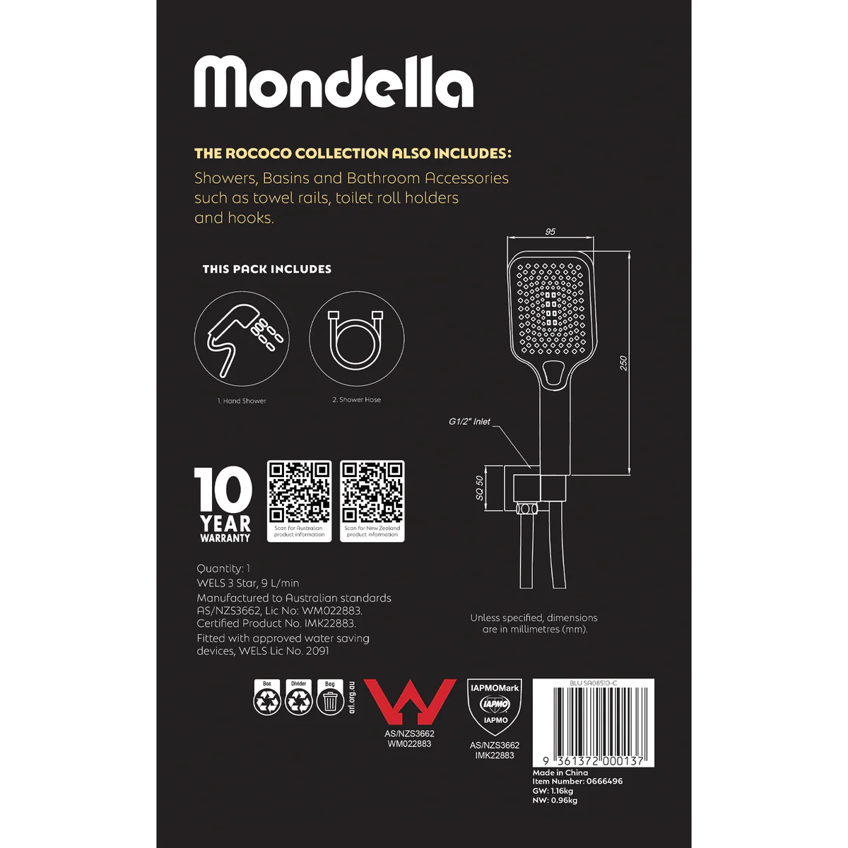 Mondella Wels Multifunction Rail Shower 1.162kg 180mm x 280mm Black Matte - Water-Saving - Image 5