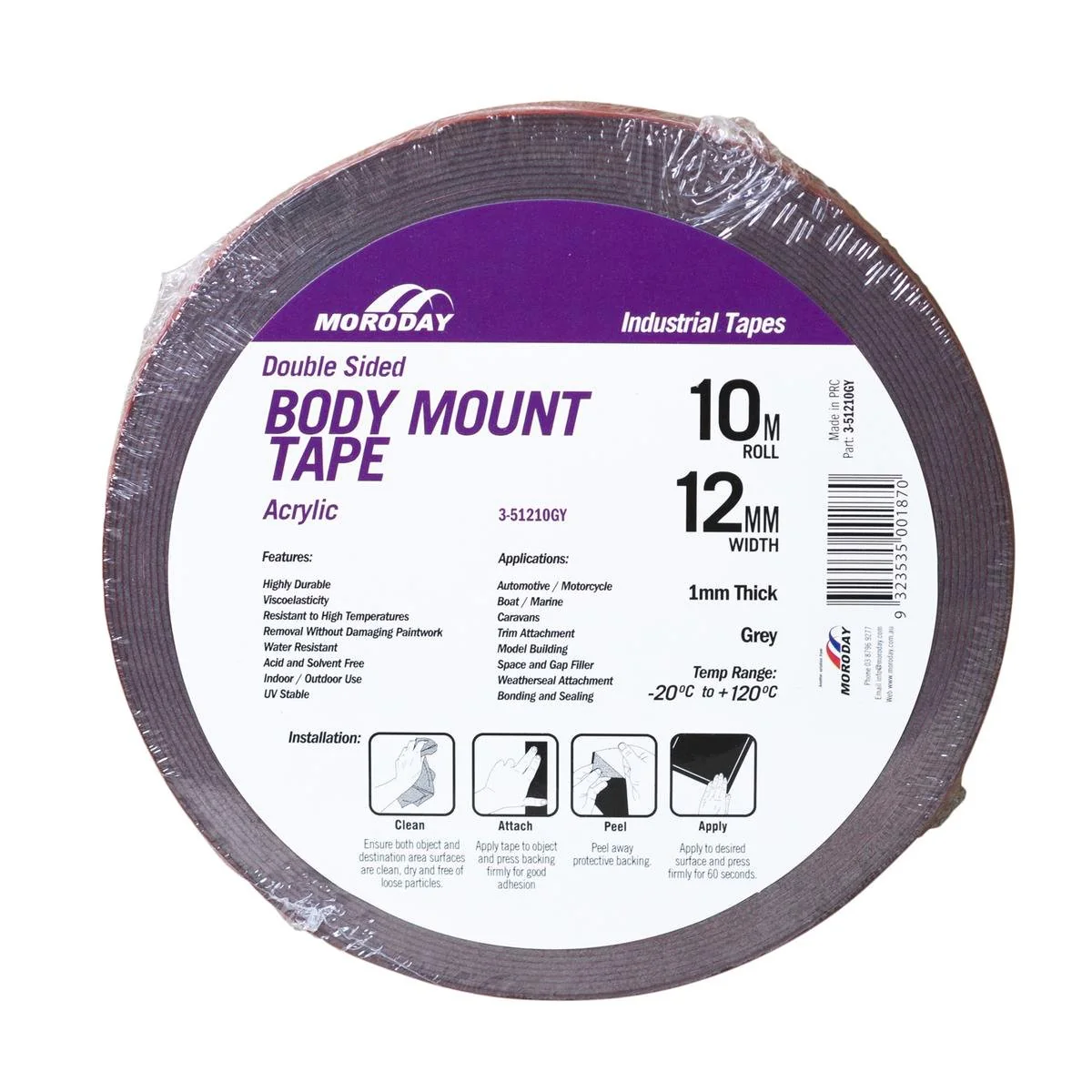Moroday Double Sided Body Mount Tape - 12mm x 10m - Acrylic - UV Stable