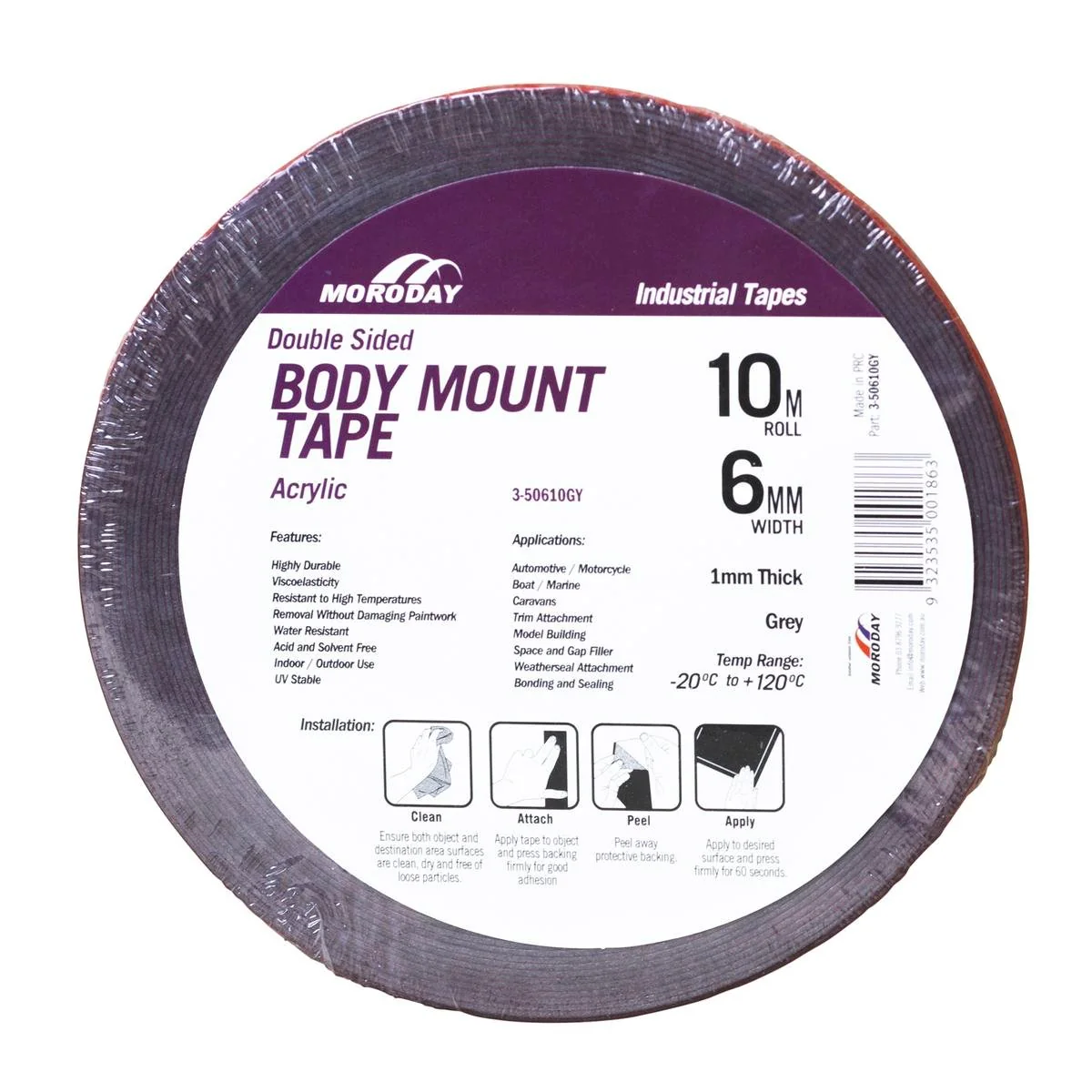 Moroday Double Sided Body Mount Tape - 6mm x 10m - Acrylic - Weather Resistant