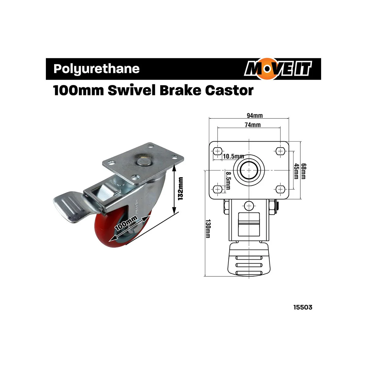 Move It Castor - 100mm - Polyurethane - Swivel Brake - Image 2
