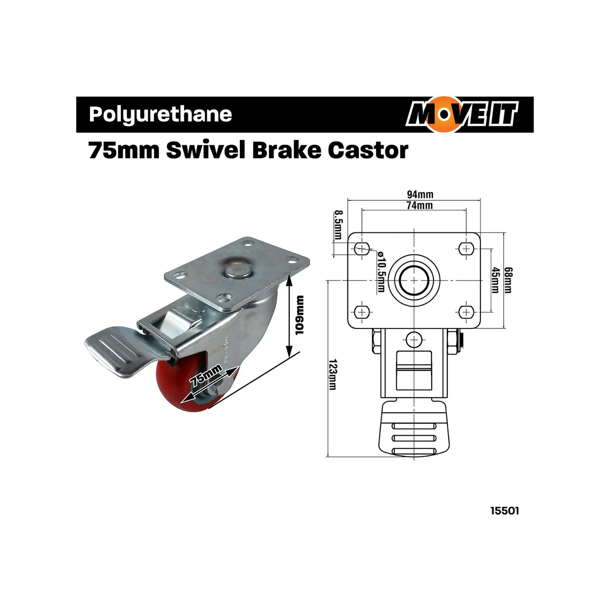 Move It Castor - 75mm - Polyurethane - Swivel Brake - Image 4
