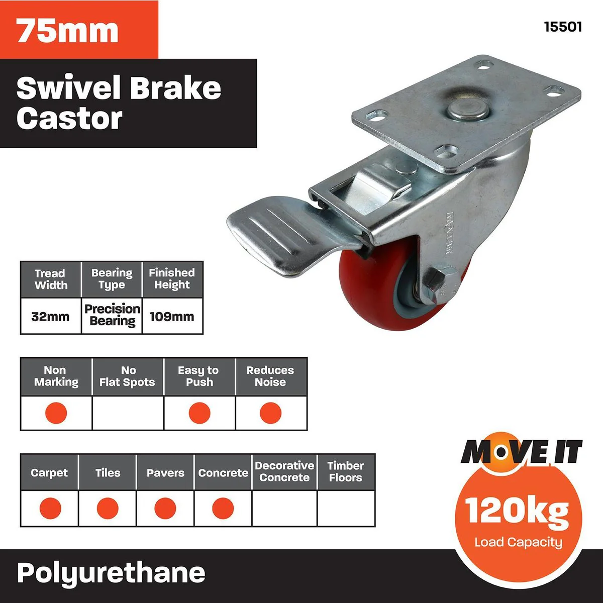 Move It Castor - 75mm - Polyurethane - Swivel Brake - Image 5