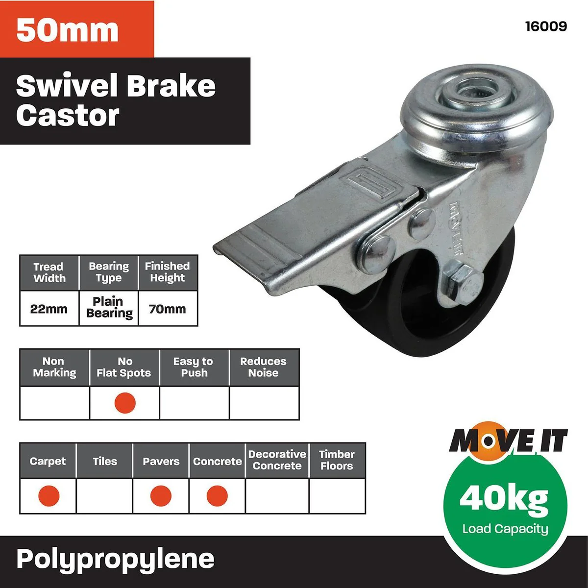 Move It Hole Swivel Castor - 50mm - Steel - Brake - Image 3