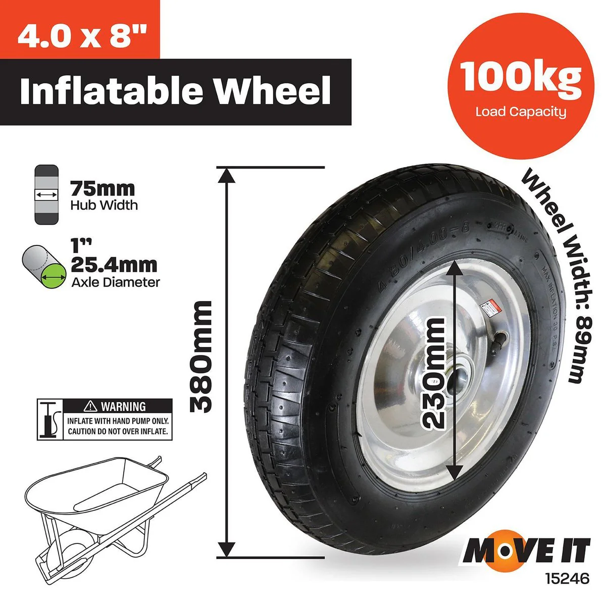 Move It Pneumatic Wheel - 400mm x 8 - Rubber/Steel - 1'' Axle Diameter - Image 2