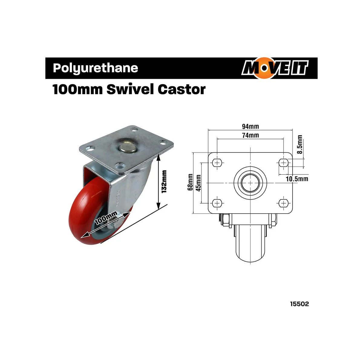 Move It Swivel Castor - 100mm - Polyurethane - 150kg Load Capacity - Image 2