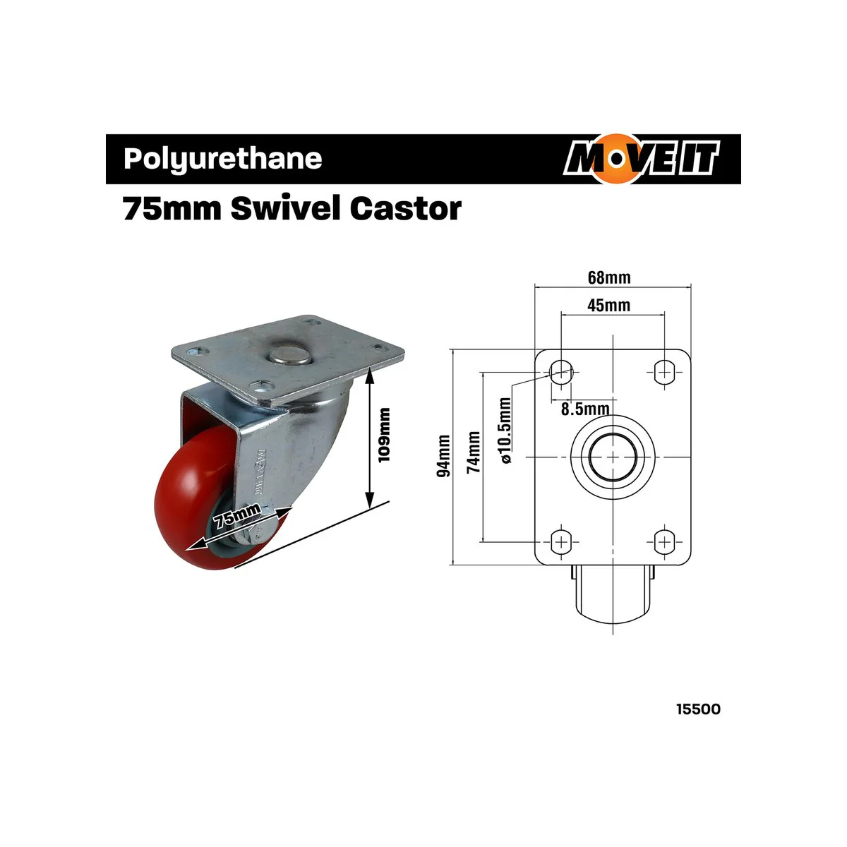 Move It Swivel Castor - 75mm - Polyurethane - 120kg Load Capacity - Image 4
