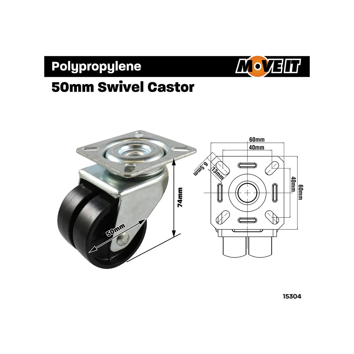 Move It Twin Wheel Castor - 50mm - Black Nylon - 70kg Load Rating - Image 4