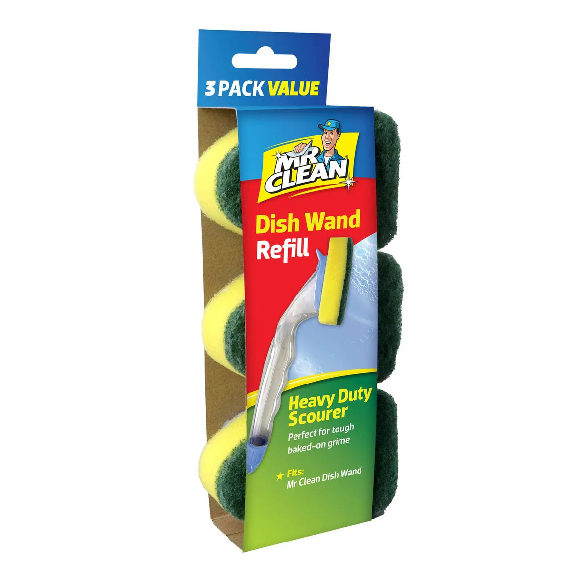 Mr Clean Heavy Duty Dish Wand Refills 3 Pack - 85mm x 40mm x 185mm - Tough Grime Removal - Image 2