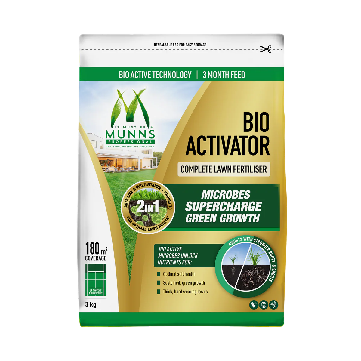 Munns Professional Bio Activator Lawn Fertiliser - 3kg Granular - 180 m² Coverage - Promotes Healthy Grass
