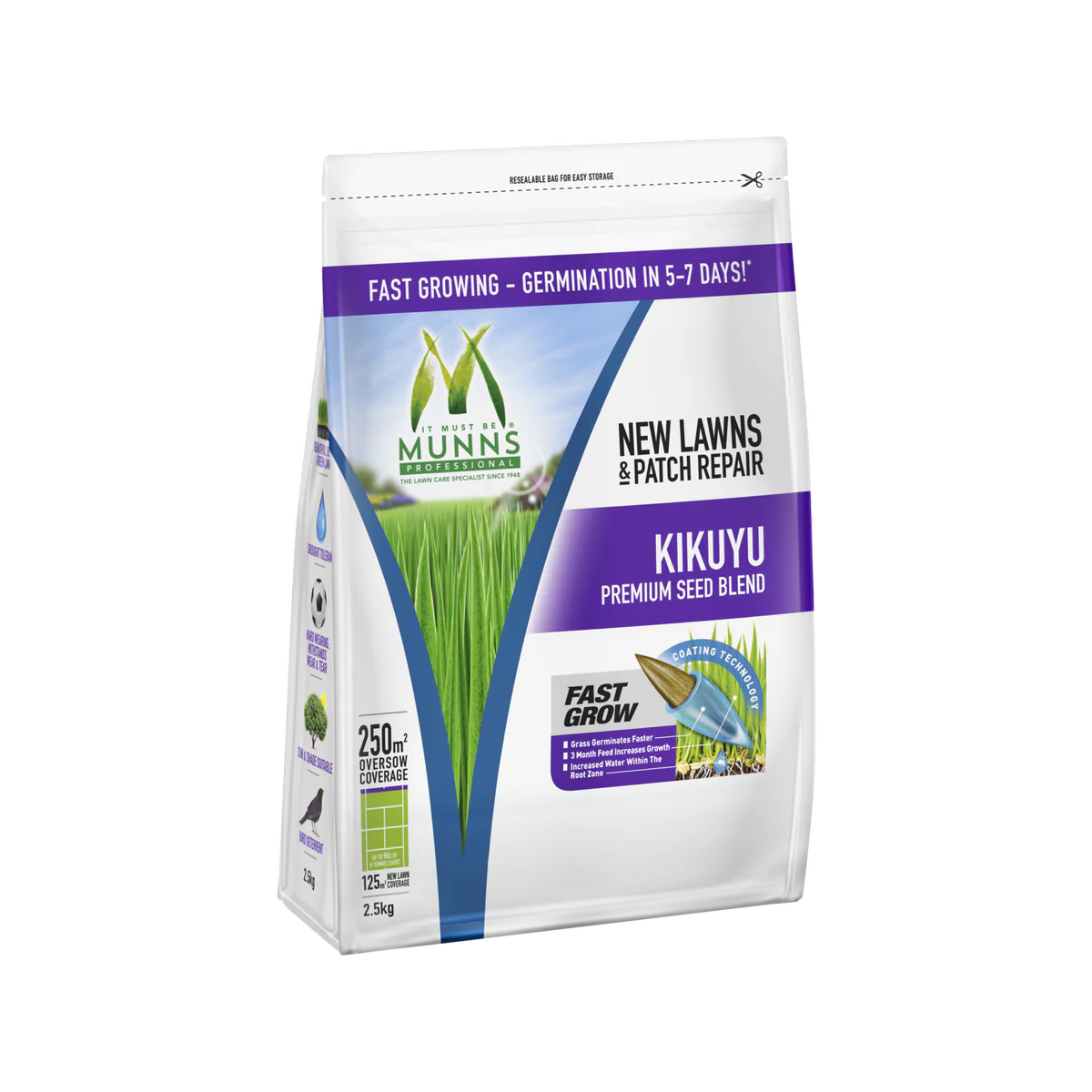 Munns Professional Lawn Seed Blend - 2.5kg - Kikuyu & Ryegrass - Drought Tolerant