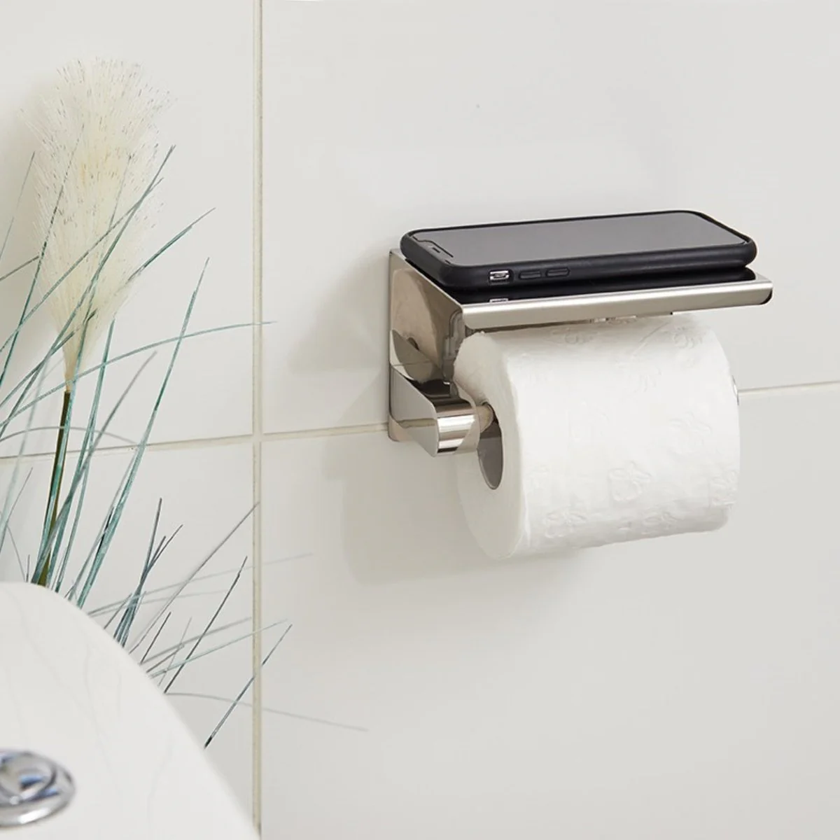 Naleon Adhesive Toilet Roll Holder with Shelf - Chrome - 140mm x 93mm - Rust Resistant - Image 2
