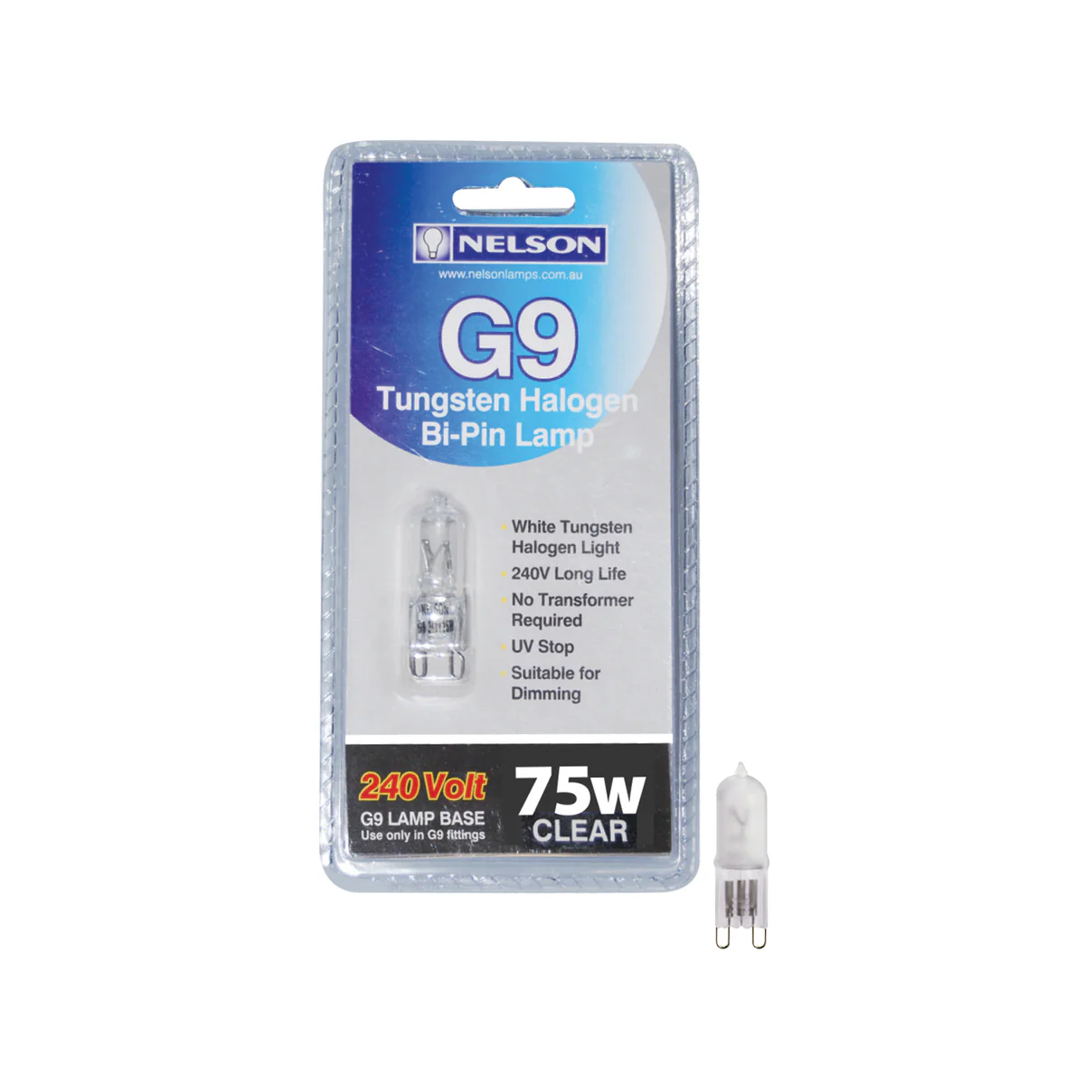 Nelson G9 75W Tungsten Halogen Clear Ice Blue Bi Pin Globe 15mm x 55mm