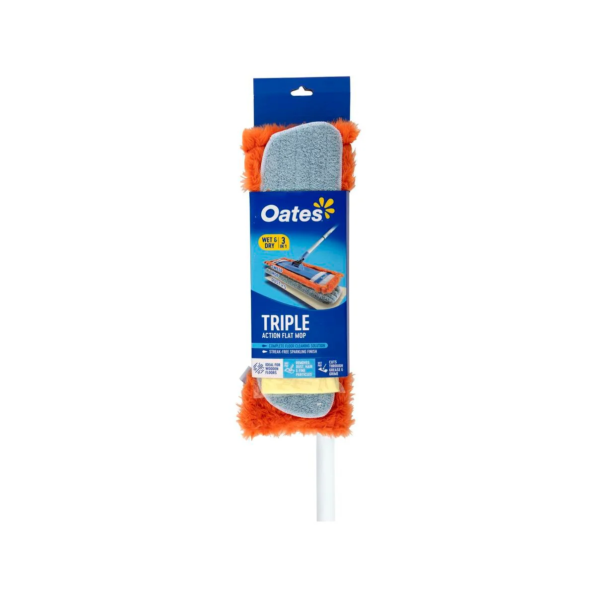 Oates Triple Action Flat Mop - 1.4m - Fibre - Sweep Mop Dry