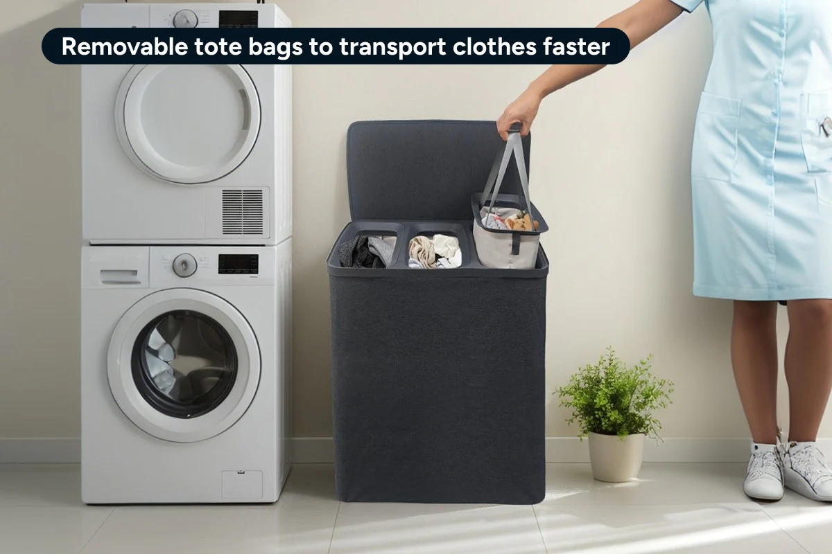 Ovela 120L Dark Grey Laundry Basket with Lid - 3-Section Organizer - Image 5