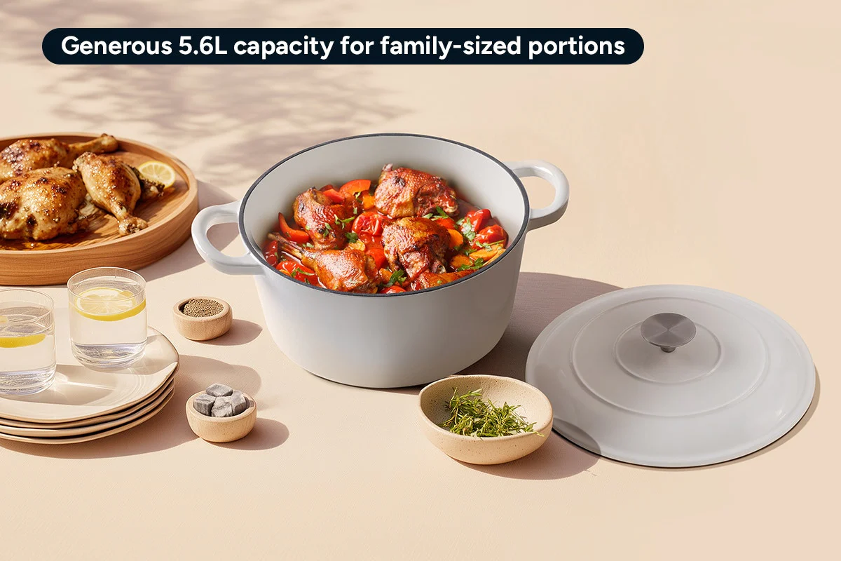 Ovela 5.6L White Cast Iron Round Casserole for Hearty Family Meals - Image 3