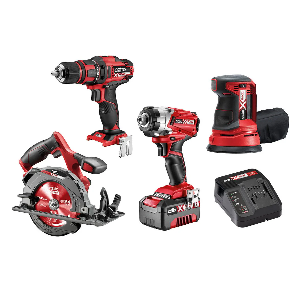 Ozito PXC 18V 4 Piece Kit P4K 400 - Drill Driver, Impact Driver, Circular Saw, Sander - 4.0Ah Battery, Charger - DIY Tools