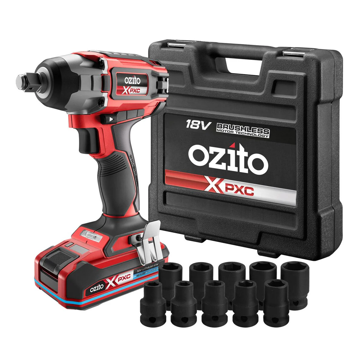 Ozito PXC 18V Brushless 1/2" Impact Wrench Kit - 10 Impact Sockets - 230NM Torque